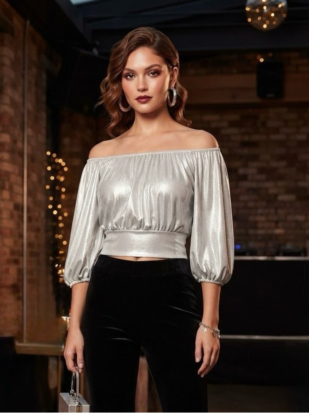 Bebe Y2K Metallic Silver Shimmer 3/4 Sleeve Top XS